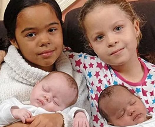 Las gemelas Hayleigh y Lauren Durrant, blancas y negras, sostienen con orgullo a sus nuevas hermanas.
