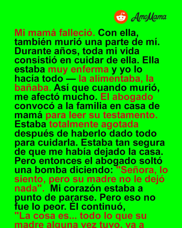Cuidé de mi madre enferma hasta su último suspiro, pero al final su testamento no me dejó nada — Historia del día